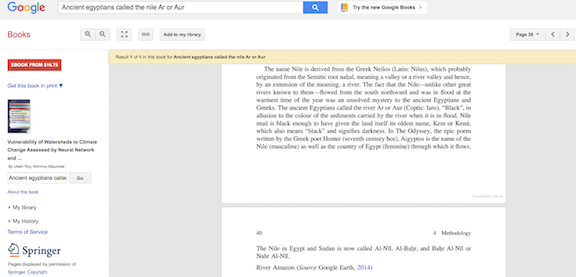 Kiger's source for the Aur or Ar name being the original name of the Nile and meaning the color black comes from a climate change book by Uttam Roy and Mrinmoy Majumder. But neither Roy or Majumder use a citation for their claim.