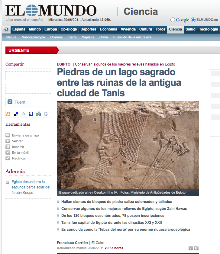 El Mundo article by Francisco Carrion features artifact of Osorkon III or IV, a Libyan ruler of Ancient Egypt. Osorkon's side profile features a full, fleshy nose, and full lips. He wears the red crown of a ruler and holds four staff with three featuring birds and one topped with a Tjet.
